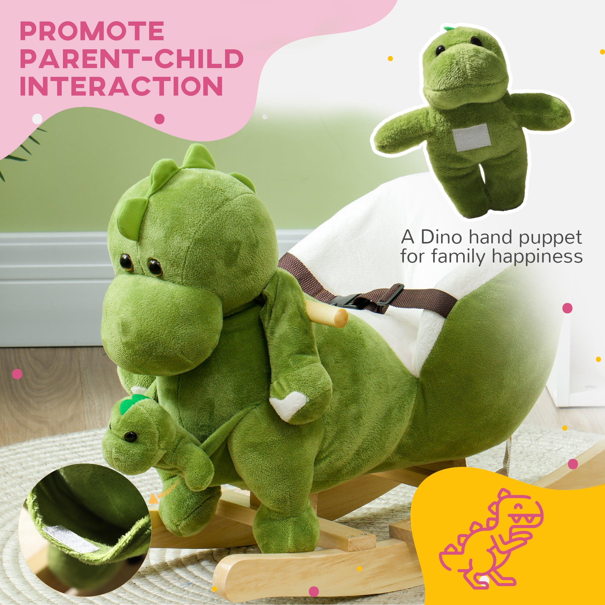 Qaba Baby Rocking Horse, Toddler Plush Dinosaur Animal Rocker with Seat Belt, 32 Songs, Hand Puppet, Rocking Chair for 18-36 Months, Green