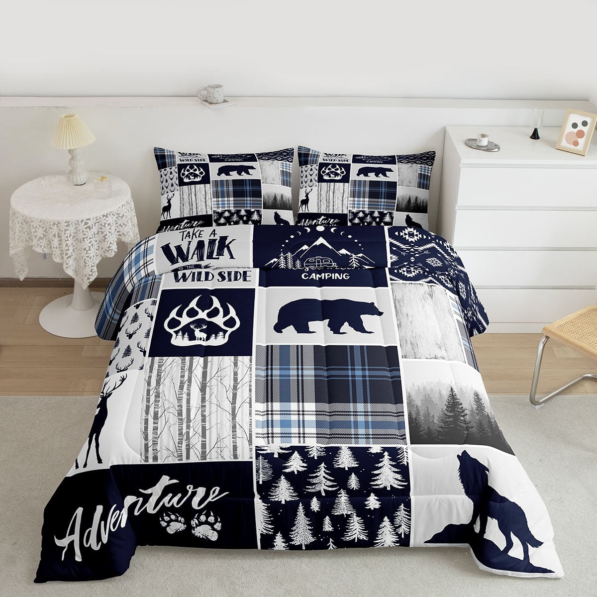 Deer Bear Comforter Set Twin Size,Wolf Hunting Adventure Rustic Bedding Set Adults Room Decor,Geometric Plaids Patchwork Down Comforter,Blue Xmas Duvet Insert