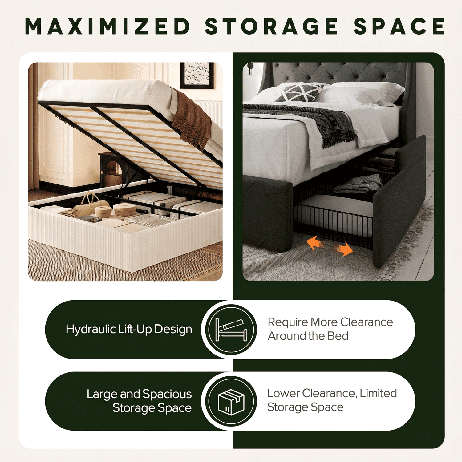 Einfach Queen Size Hydraulic Lift Up Storage Bed Frame, Corduroy Upholstered Wingback Headboard, Ample Under-bed Storage, White