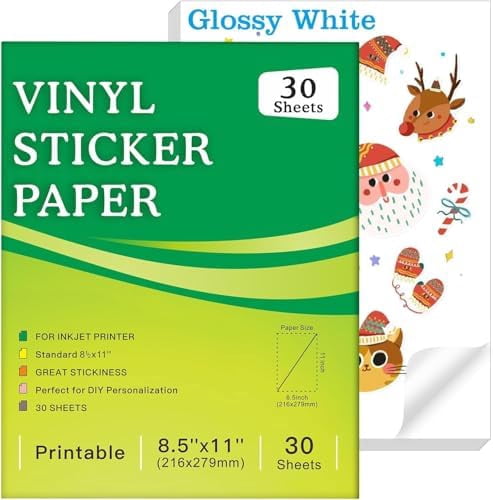 Tekola 30 Sheets Premium Printable Vinyl Sticker Paper for Inkjet Printer, Glossy White Waterproof, Dries Quickly, Vivid Colors, 8.5x11 Inkjet Vinyl Sticker Paper Great for Cutting Machines