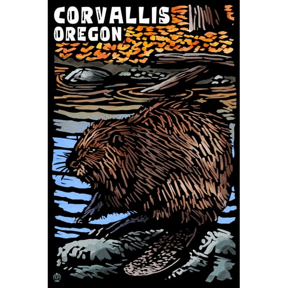 Corvallis, Oregon, Beaver, Scratchboard (36x54 Giclee Gallery Art Print, Vivid Textured Wall Decor)