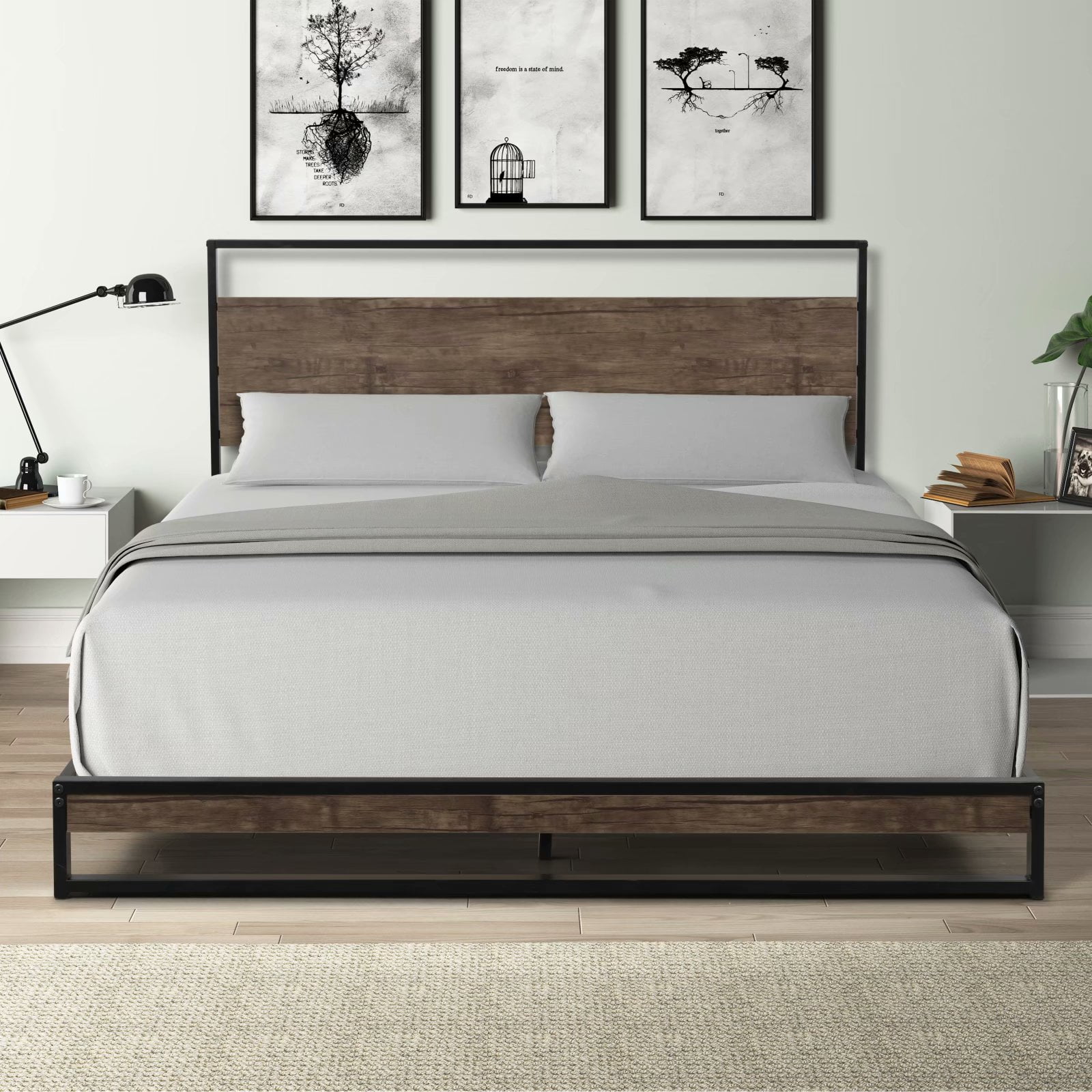 Piscis Metal Bed Frame Queen Size, Industrial Platform Bed with Wooden Headboard Footboard