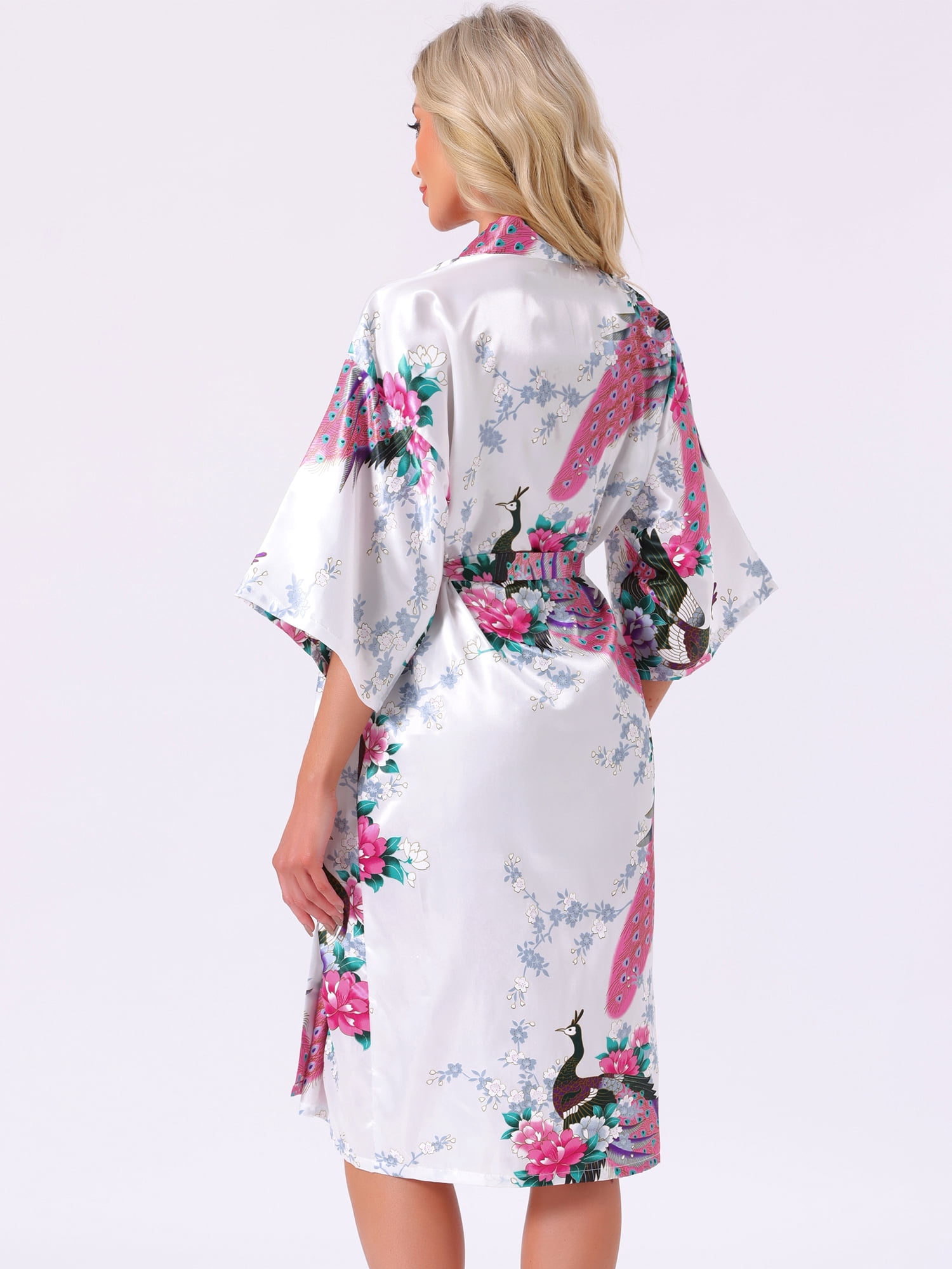 DARING DIVA Women's Satin Floral V-Neck 3/4 Sleeve Peacock Print Nightgown S White