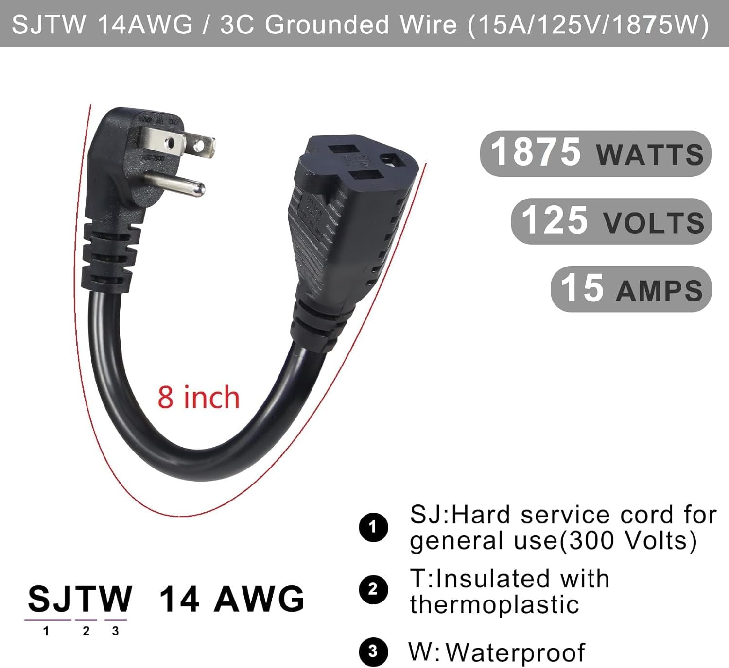 Short Power Extension Cord - Low Profile Wall Head 6 Inch 14AWG/3C SJTW Heavy Duty Extension Cable for Indoor/Outdoor, 90-Degree Flat Plug 15A/125V 1875W NEMA 5-15P to NEMA 5-15R, Black 2-Pack