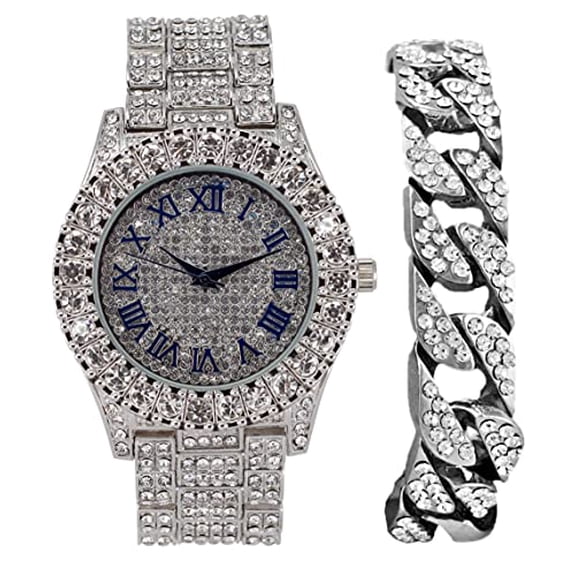 Charles Raymond Mens Silver Big Rocks with Roman Numerals Fully Iced Out Colorful Dial Wristwatch w/Blinged Out Cuban Shiny Silver Bracelet - ST10327 RN Cuban (Silver Royal Blue R #)