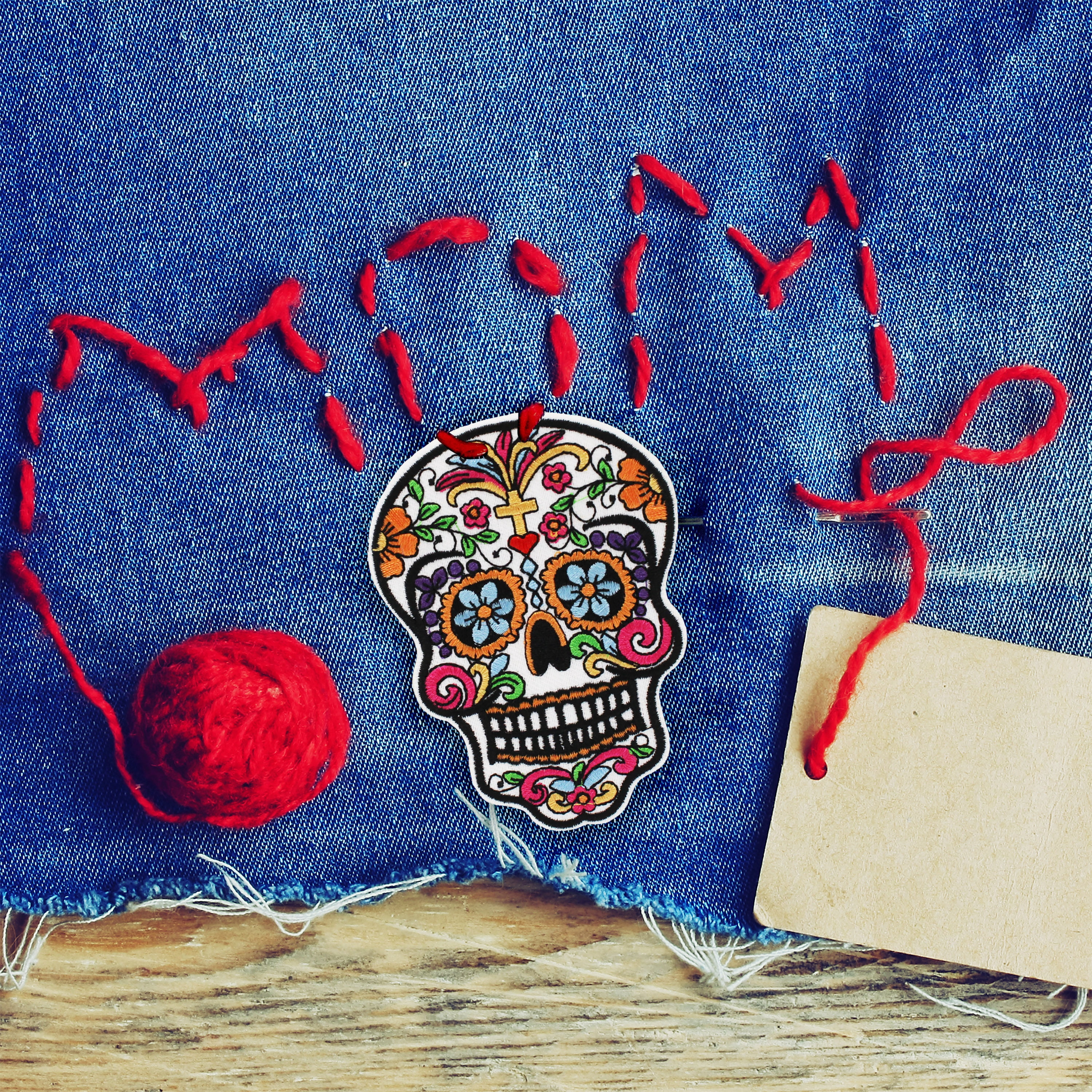 (3 pack) Gwen Studios Embroidered Multicolor Sugar Skull Iron-on Patch Applique, 2.9" x 3.9"