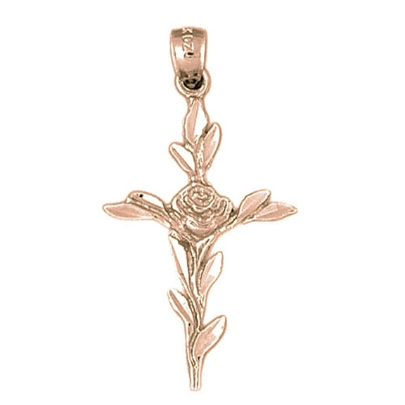 14K Rose Gold Cross With Rose Pendant - 37 mm