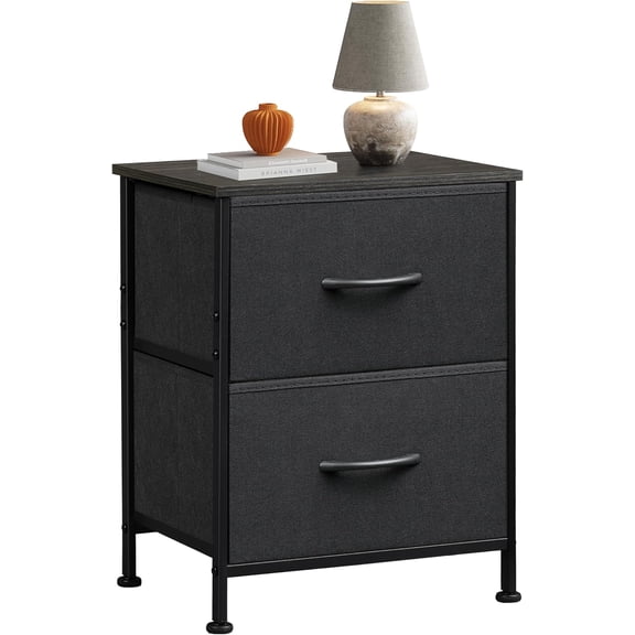 Black Night Stand Small Dresser with 2 Drawers and Wooden Top Bedside Table with Fabric Bins End Table for Bedroom Closet Entryway College Dorm Charcoal Black