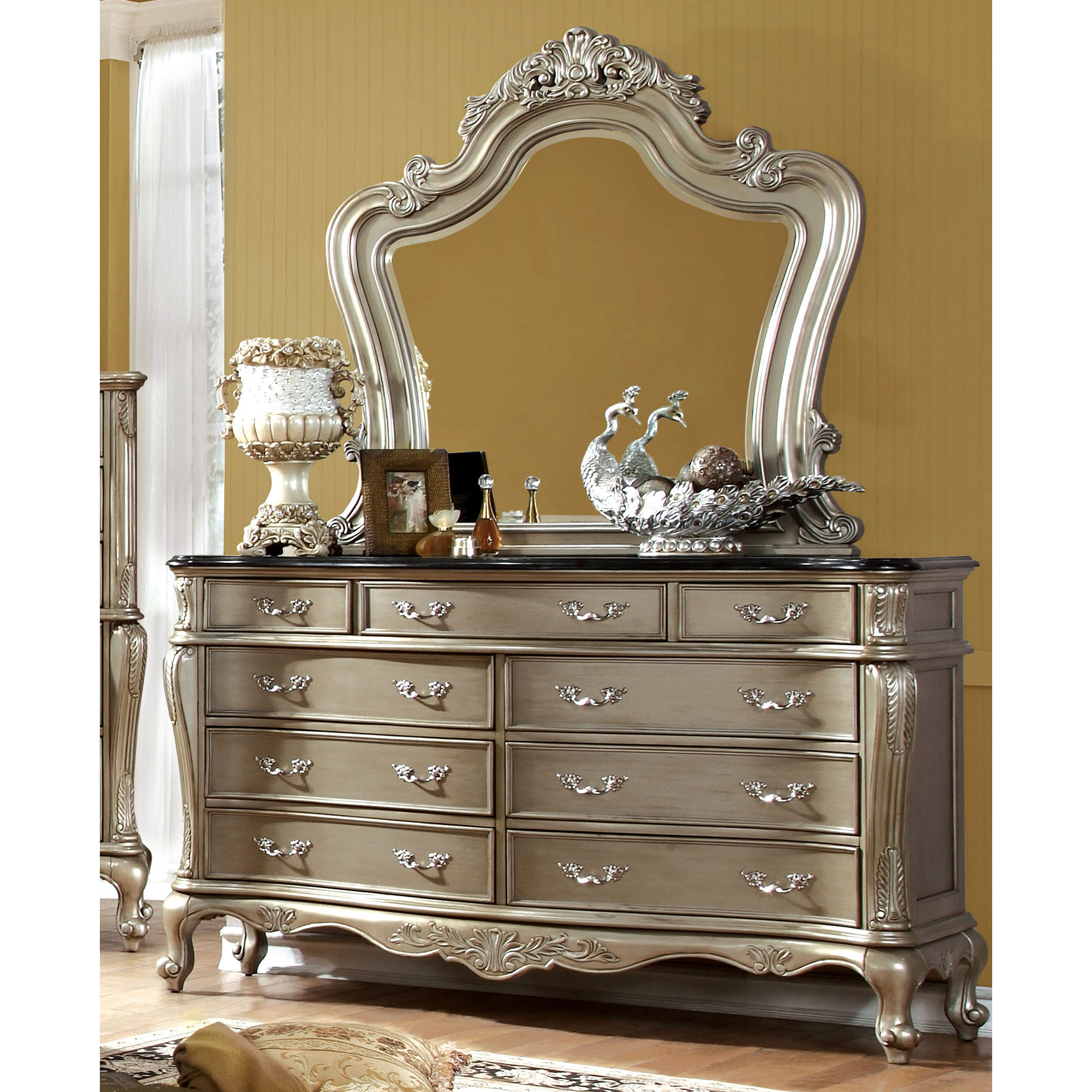 Furniture of America Masika Luxurious Dresser and Mirror Set, Gold