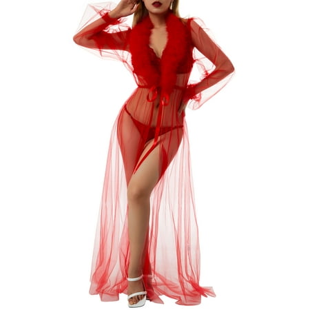 

Nokiwiqis Women Sexy Robes Fuzzy Patchwork Mesh Sheer Long Sleeve Tied-Waist long Gown Lingerie Gift for Wife Girlfriend