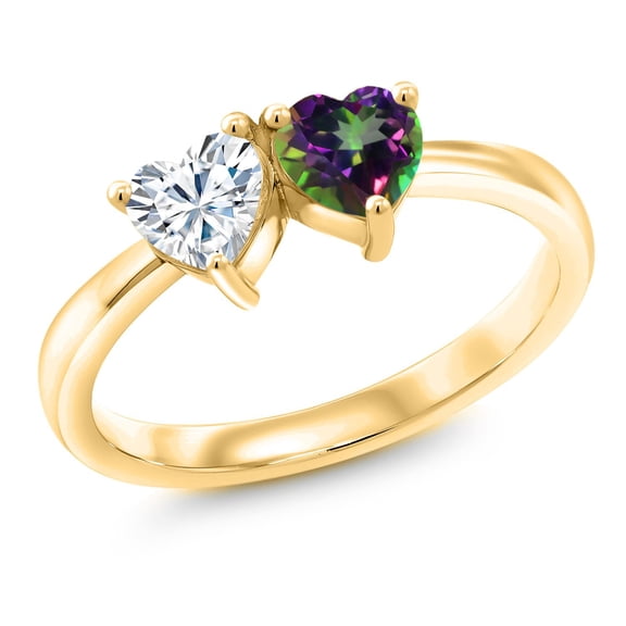 Gem Stone King 18K Yellow Gold Plated Silver Green Mystic Topaz Ring Set with Moissanite (1.02 Cttw) (Size 9)
