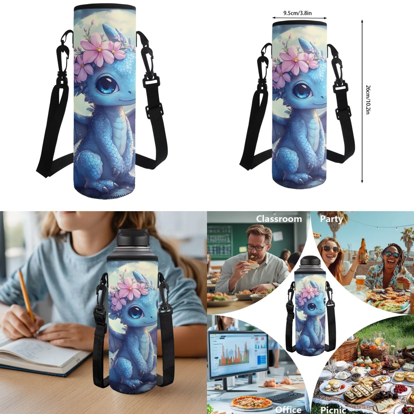 Pzuqiu Cherry Blossom Dragon Kids Backpack Back Pack for School Girls Boys Backpack Lunch Bag with Pencil Bag 4 pcs Travel Daypack Camping School Bags with Water Bottle Holder