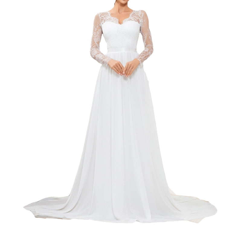 knee length dresses for ladies Wedtrend Women Boho Wedding Dress Ivory Lace Chiffon V-Neck Long Sleeve Bridal Dress, Ivory / US8 main image 0