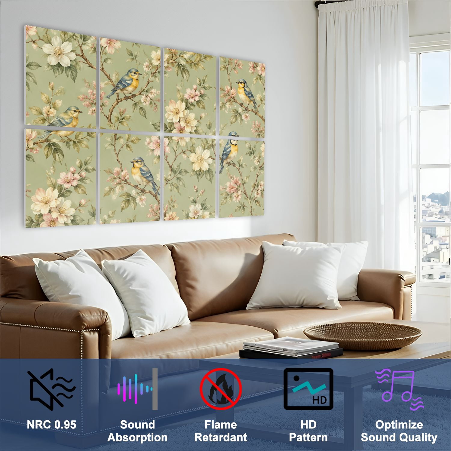 8 Pack Art Acoustic Panels Sound Absorbing Seamless Birds Branches Floral Elements Vintage Style Decorative Soundproof Wall Panels Self Adhesive for Nursery Game Room Bedroom 48"x32"