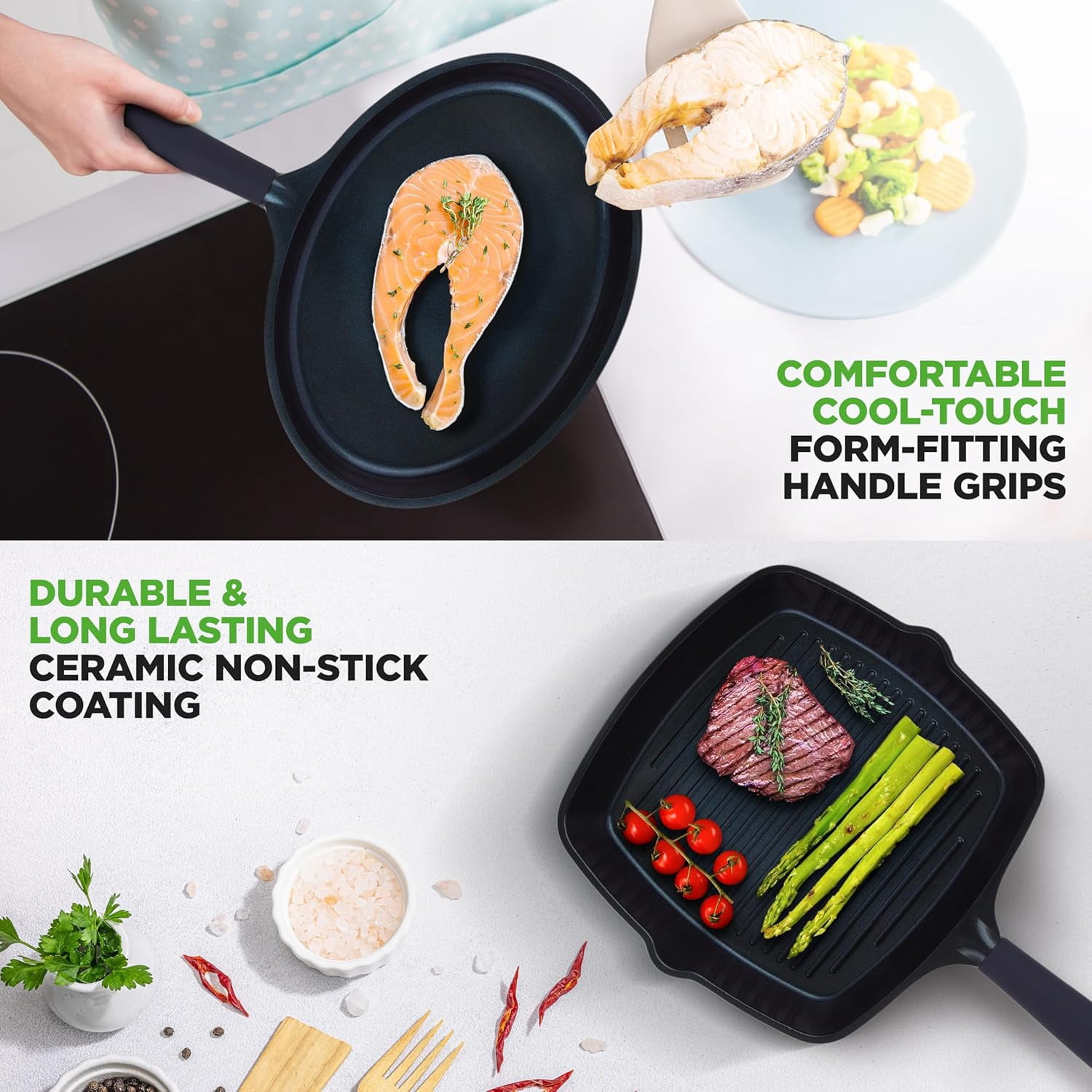 5-Piece Ceramic Non-Stick Frying Pan Set with Wok Grill & Fish Pans for All Cooktops