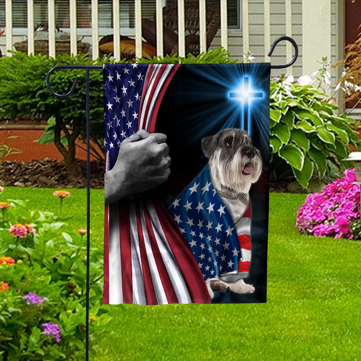 Hand Pulling USA Flag Miniature Schnauzer Dog Wearing Flag American Standing under Cross Christian Patriotic House Flag (3x5) Double Sided- Premium Polyester-Decorative Indoor Outdoor Flag