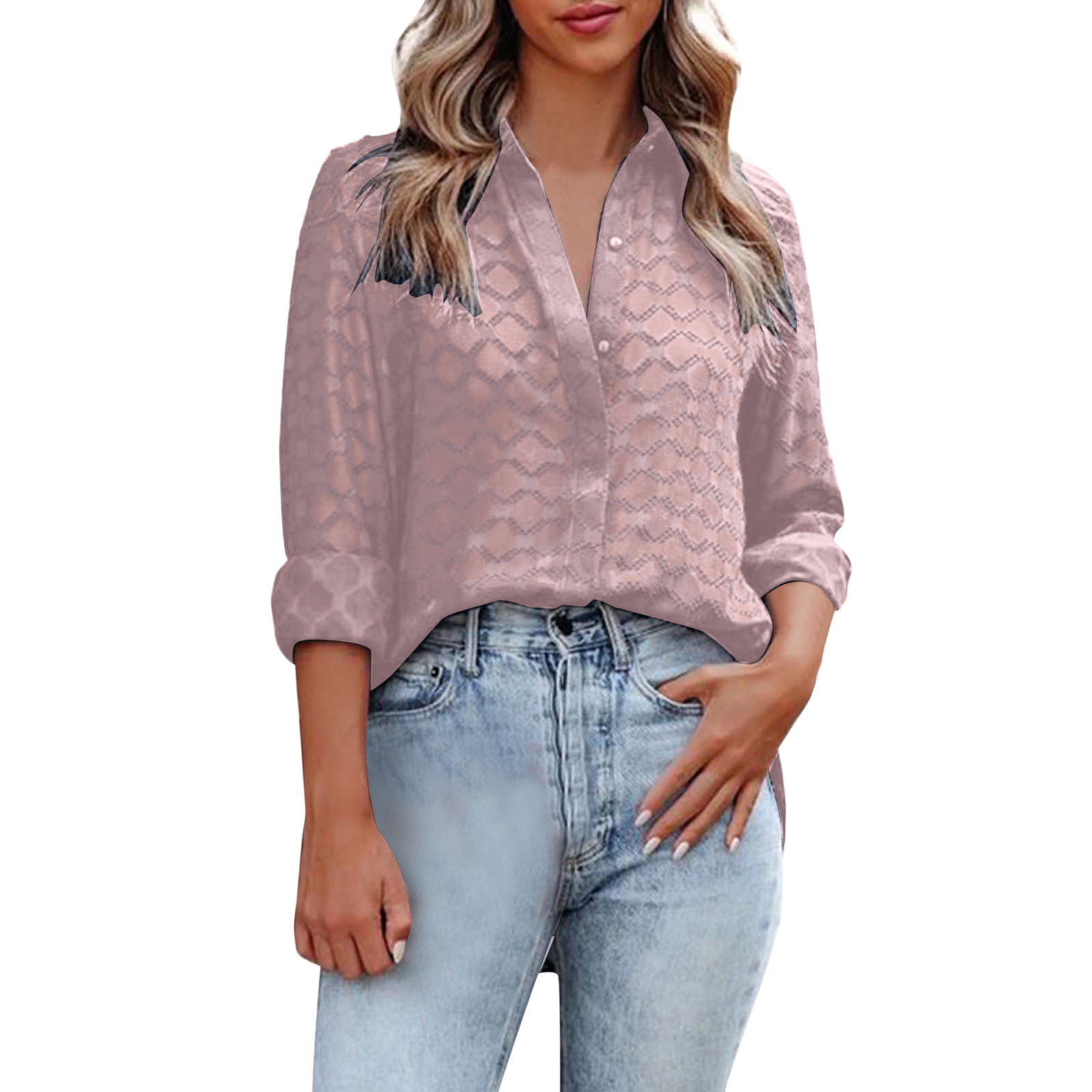 lindre sikkerhedsstillelse grad Womens Casual Solid Long Sleeve V Neck Button Down Shirts Summer Sheer  Blouses Tops - Walmart.com