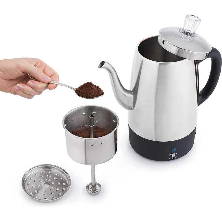 Moss & Stone Electric Coffee Percolator , Camping Coffee Pot Silver Body  with Stainless Steel Lids , Percolator Electric Pot - 10 Cups