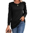 thumbnail image 1 of Top de manga larga con hombros plisados, cuello redondo, color puro, corte holgado, jersey informal para mujer, Top para otoño invierno, negro M, 1 of 6
