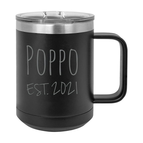 Poppo Est. 2021 Established Stainless Steel Vacuum Insulated 15 Oz Engraved Double-Walled Travel Coffee Mug with Slider Lid