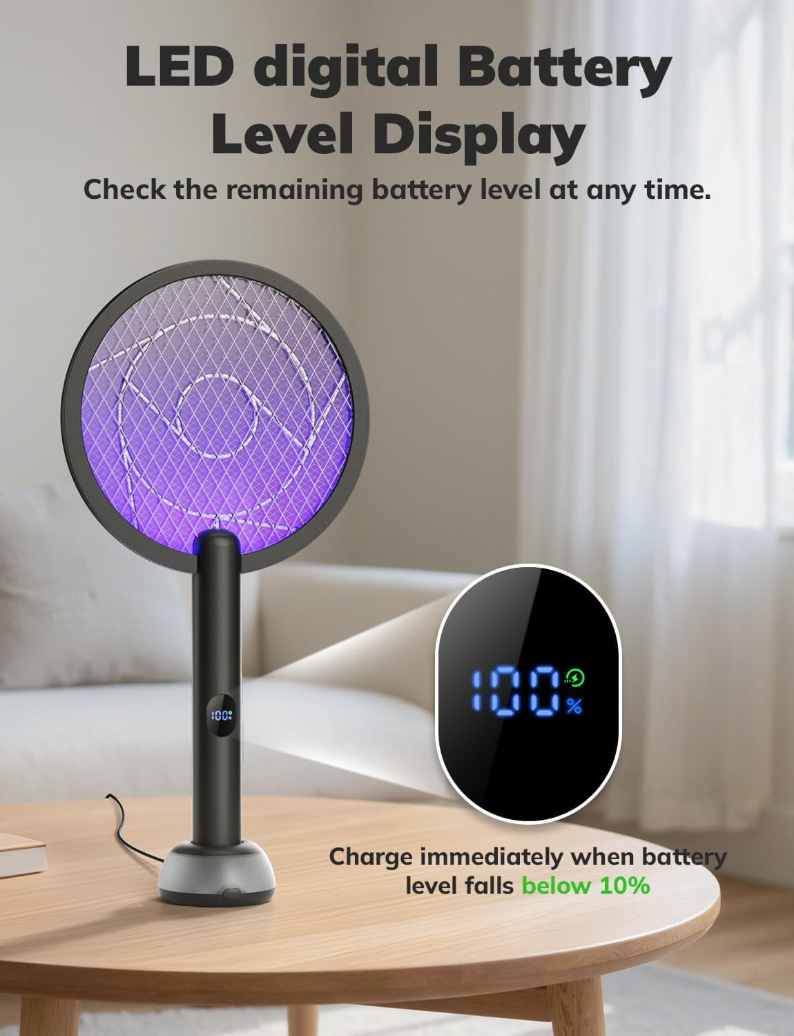 Electric Fly Swatter Bug Zapper Racket 4000V LED Screen Dual Modes Rechargeable for Indoor Home Office Backyard Patio Camping (Black)