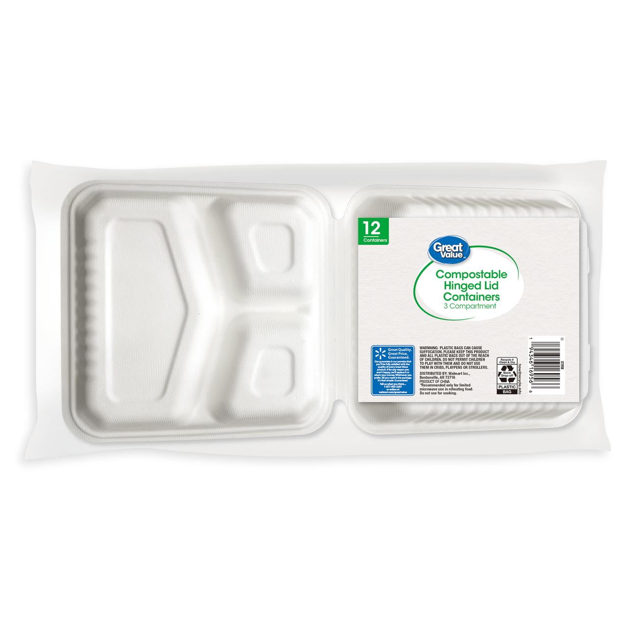 Great Value Eco-Friendly 3 Compartment Compostable Hinged Container, White, 12 Count