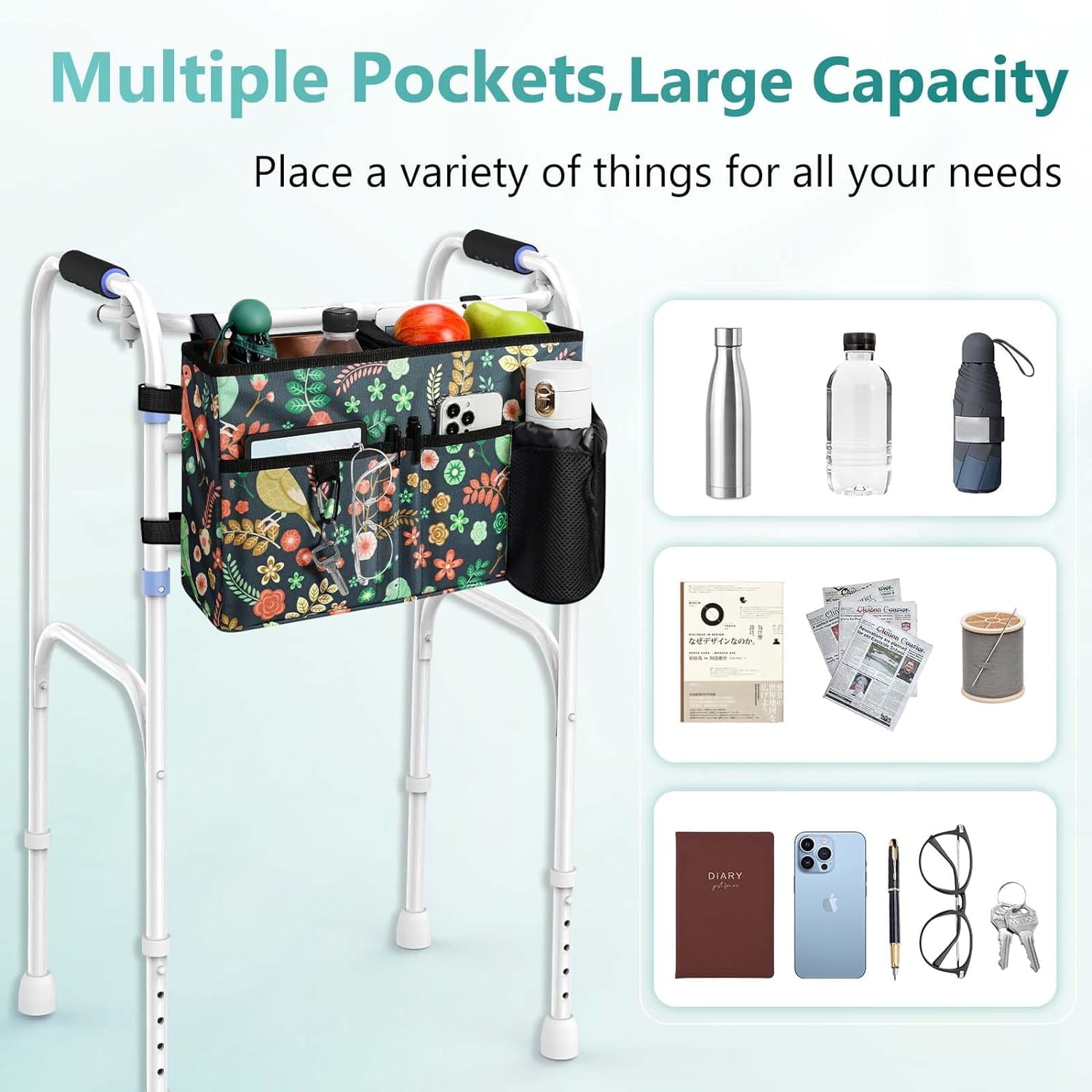 Rhino Valley Walker Bag, Multi Pockets Folding Walker Basket Tote Bag with Cup Holder, Hand-Free Carry Pouch Storage Bag for Universal Walkers, Large Capacity Organizer for Seniors Elderly, Birds