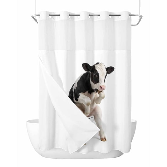 No Hook Shower Curtain with Snap-in Liner, Funny Cows Waterproof Fabric Bathroom Curtains, Cute Art Fun Lovely Animals on Toilets Bath Curtains & Mesh Top Window 60"x72"