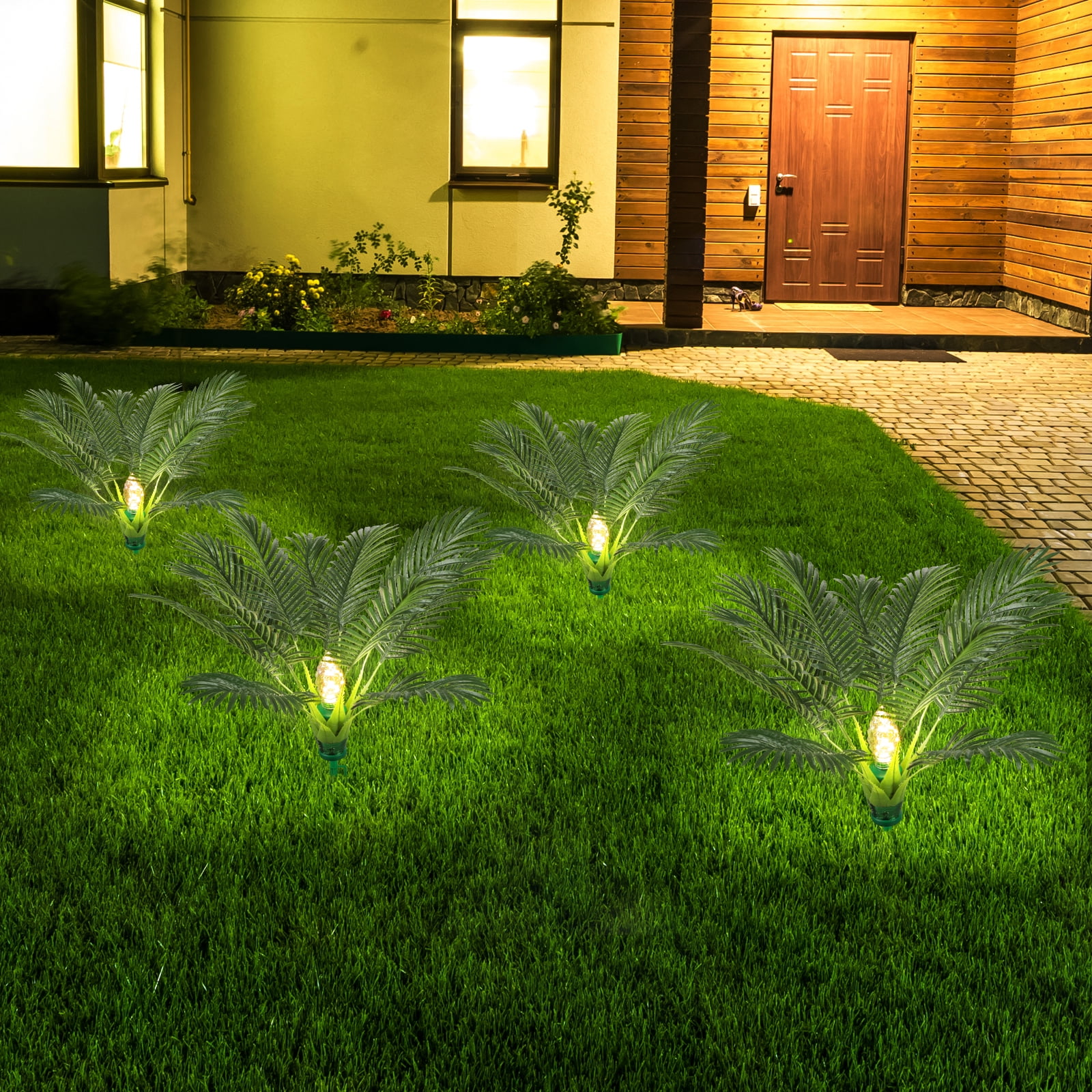 2 Pack Solar Christmas Palm Tree Lights Outdoor, 25" Prelit Artificial Plants with 8 Lighting Modes, Pathway Spike for Xmas Yard, Patio, Garden Decor