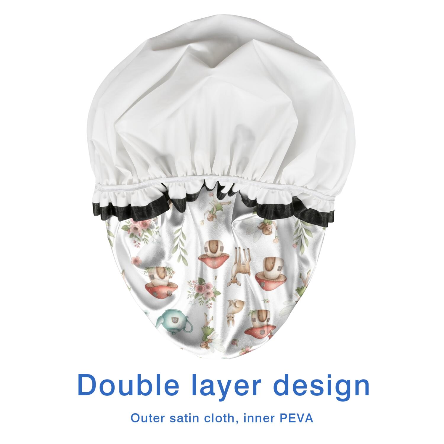 Shower Caps,White Forest Fairy Pattern Waterproof Shower Cap for Women 4 Pieces,Double Reusable Hair Cover for Shower PEVA Elastic Stretch Hem