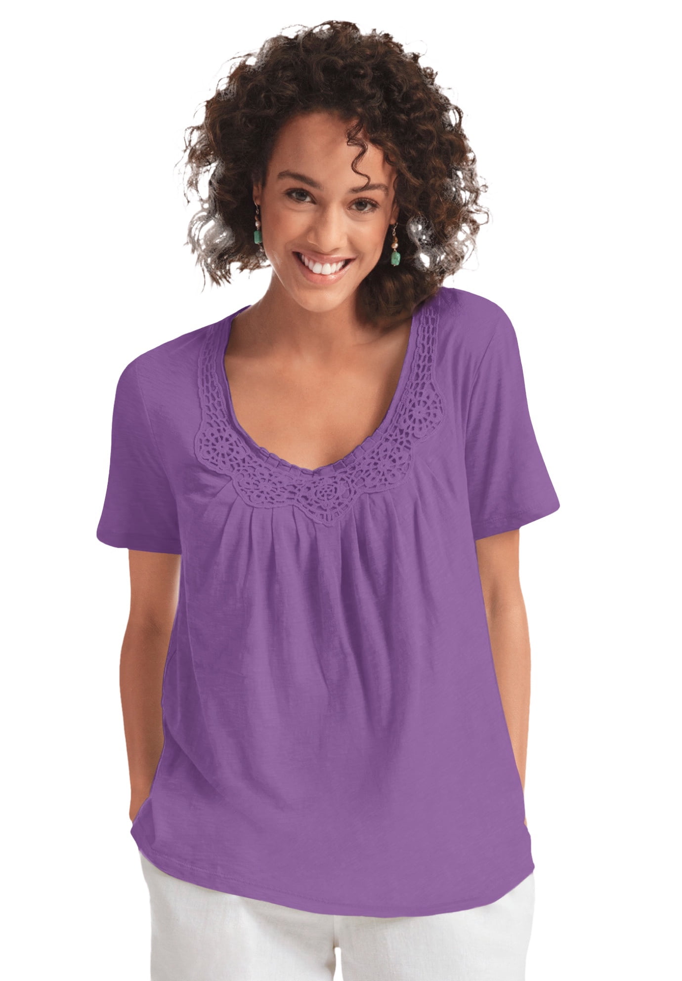 Woman Within Women's Plus Size CrochetTrim Knit Top Shirt