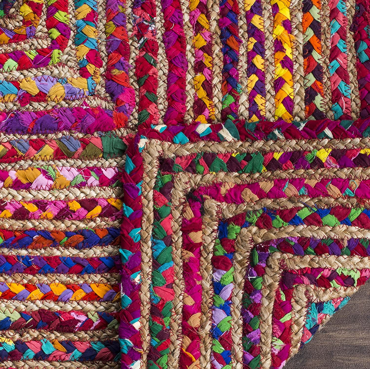 Indian Handmade Braided Multi Color Cotton with Natural Jute Rectangle Area Rugs ,Home Decor Carpet Size 2 x 2 Feet Square ( 60 cm x 60 cm )