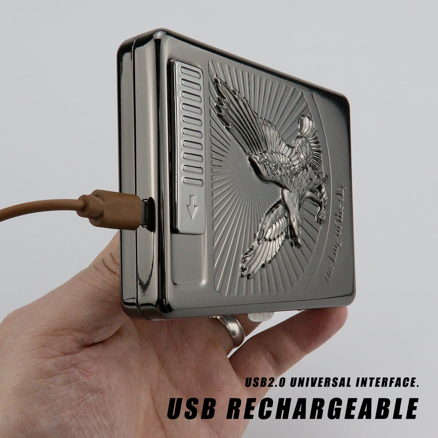 20 PCS Set Metal Cigarette Case Holder Arc Lighter with 3D Eagle Design Rechargeable Electric Arc Lighter Case Windproof Flameless USB Cigarette Case Lighter (Black)