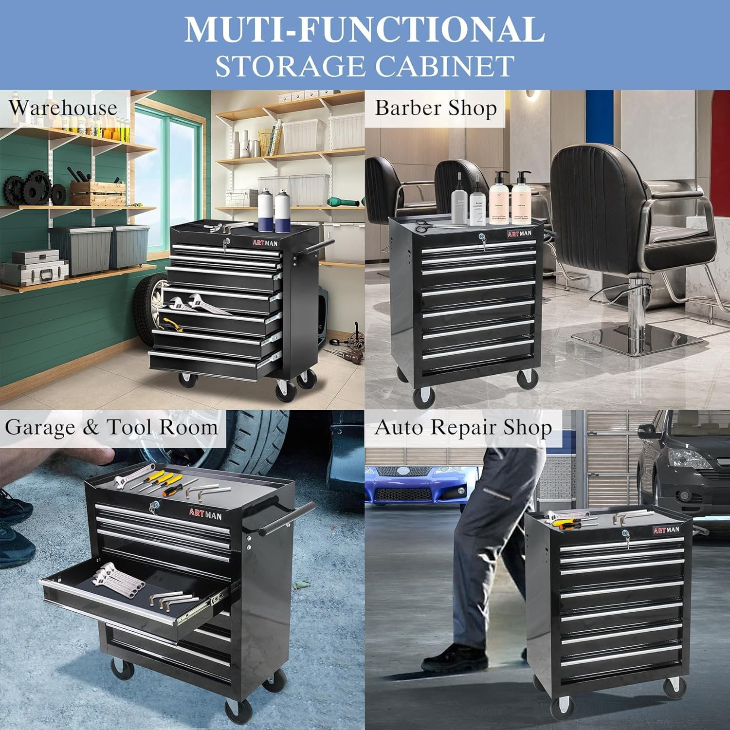 POWANLI 7-Drawer Rolling Tool Chest with Wheels Multifunctional Tool Chest Portable Tool Storage Cabinet with Locking System for Garage Workshop Warehouse Repair Shop