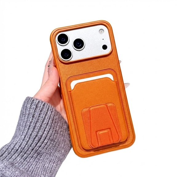 Dteck for iPhone 16 Pro Max Back Wallet Card Holder Kickstand Case, Ultra Slim PU Leather Flexible TPU Gel Rubber Soft Skin Silicone Protective Phone Cover, Orange