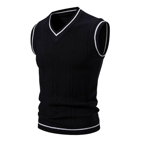 Men's Slim Fit V-Neck Cable Knit Sweater Vest Casual Striped Trim Pullover Tank Top