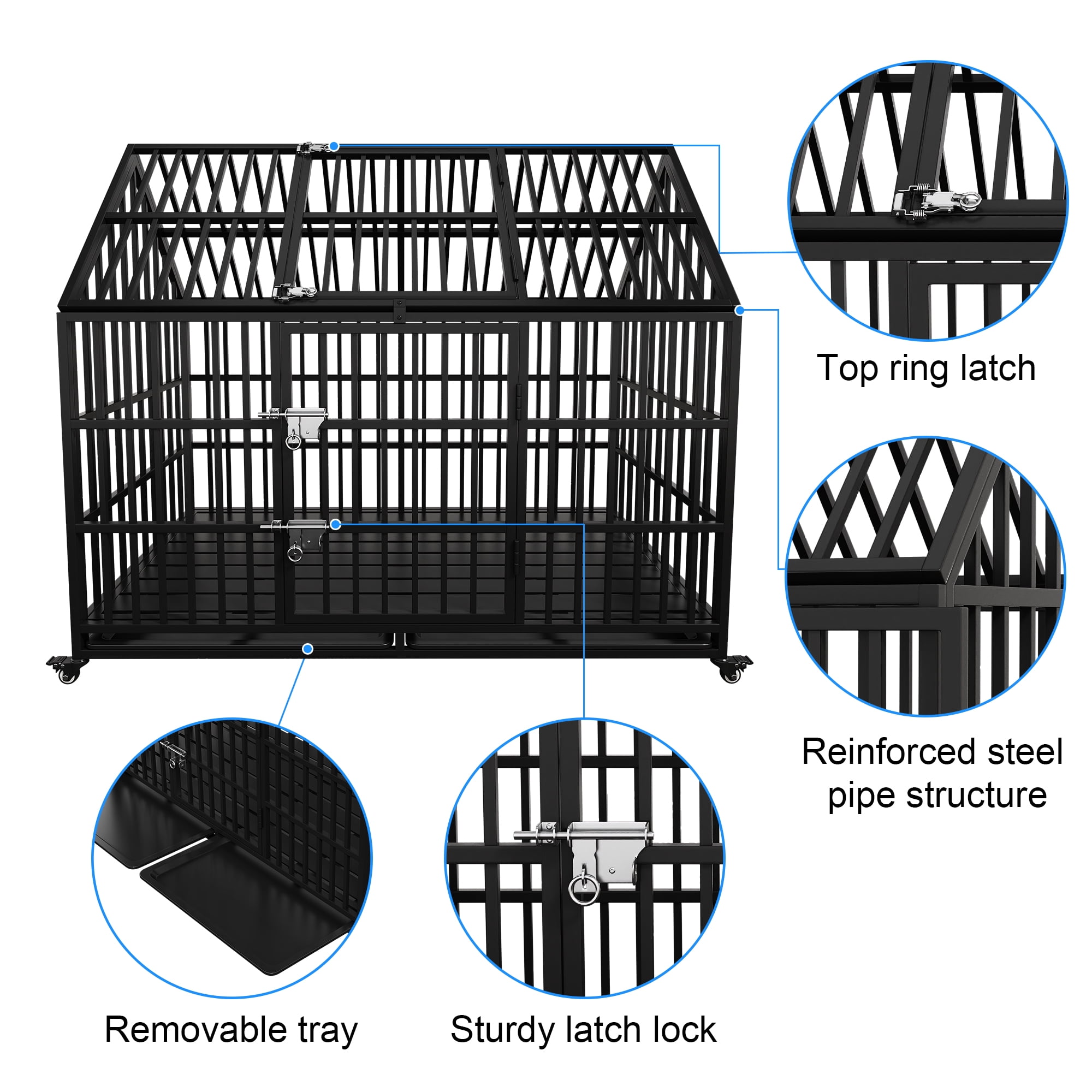 Heavy Duty Dog Crate 54 inch with Mat Indestructible Pet Dog Cage Crate Kennel with Roof Top 2 Doors Removable Trays, Lockable Wheels Escape-Proof for High Anxiety Large /Extra Large Dogs