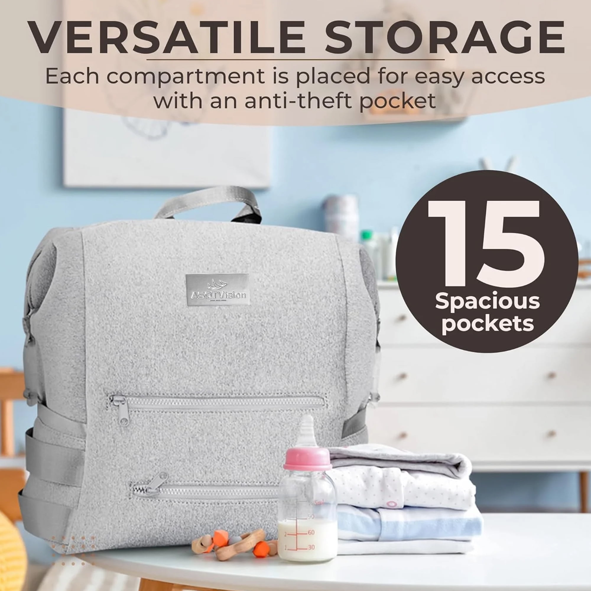 ASOTVision Neoprene Diaper Bag Backpack, Water-resistant, Travel Baby Bag With Changing Pad, Stroller Straps, Wet Bag and Pouch (Gray)