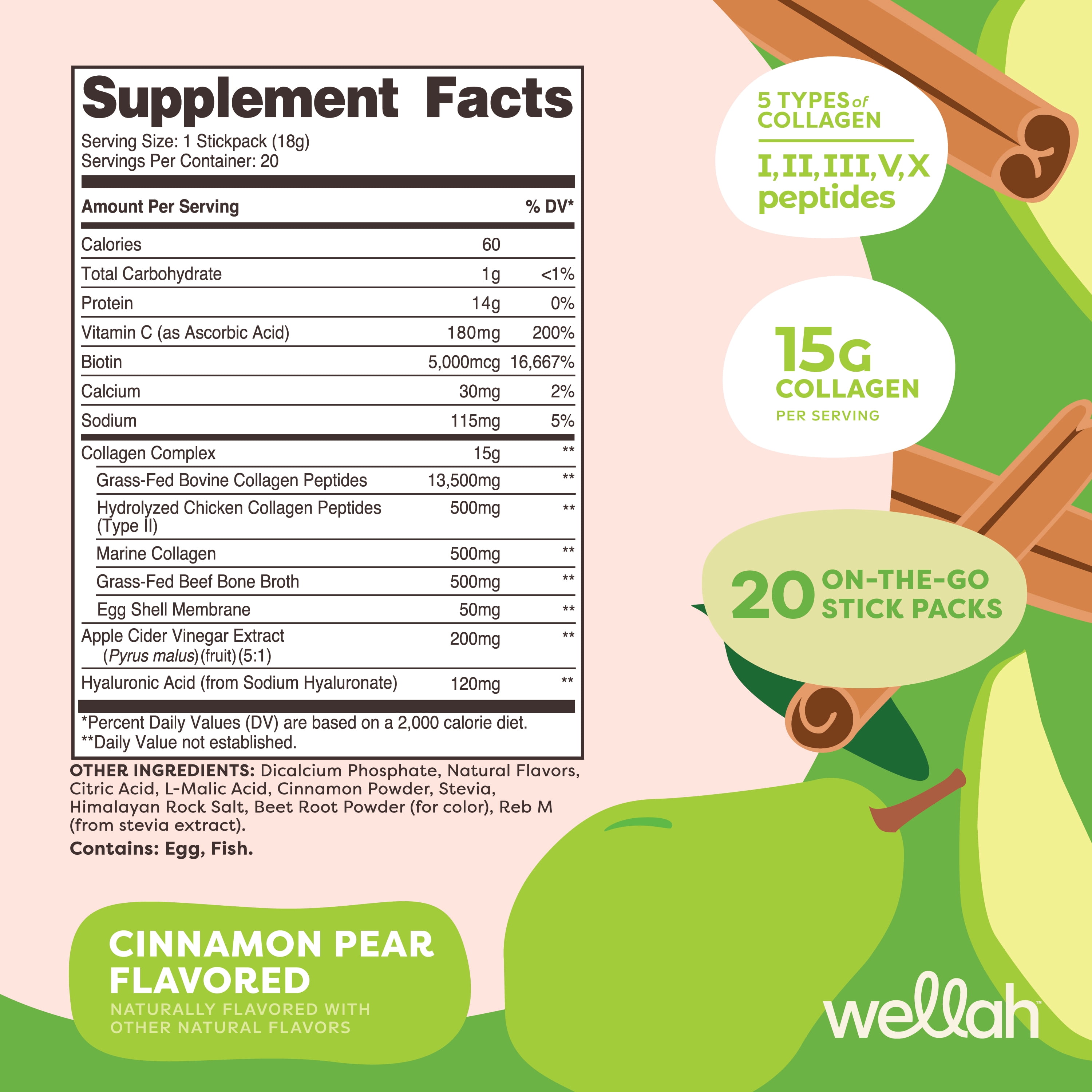 Wellah Multi Collagen Protein + Beauty (Cinnamon Pear) 20 Stickpacks - 15G Collagen Complex Per Serving