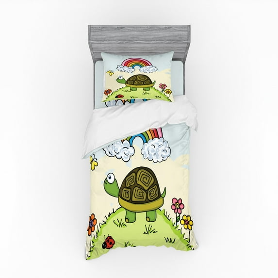 Ambesonne Turtle Bedding Set 3 Pcs, Cartoon Hill Nature, Twin XL, Multicolor
