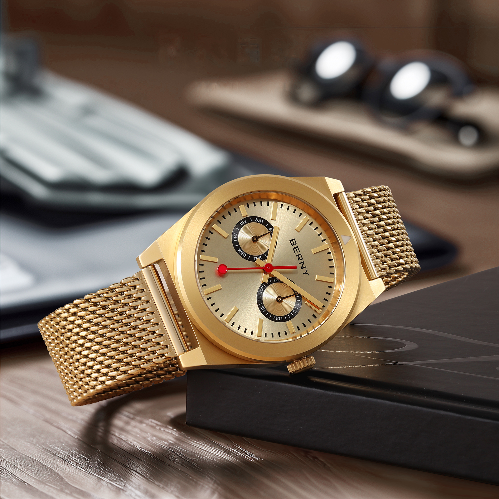 BERNY Gold Watches for Men, Classic Vintage Quartz Analog Watch with Day & Date Calendar, Stainless Steel Mesh Band, Luminous, Waterproof, Fashion Sport Casual Men's Wristwatch (Gold)