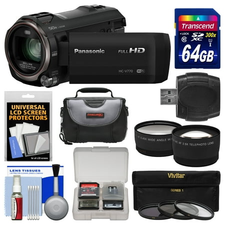 Panasonic HC-V770 Wireless Smartphone Twin Recording Wi-Fi HD Video Camera Camcorder with 64GB Card + Case + 3 Filters + Tele/Wide Lens Kit