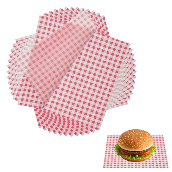 Uxcell 200 Pcs Wax Paper Sheets for Food, 8.7 x 8.7 Inch Greaseproof Wrapping Paper Sheets, Checkered Square Food Basket Liners for Sandwich Hamburger Bread, Pink