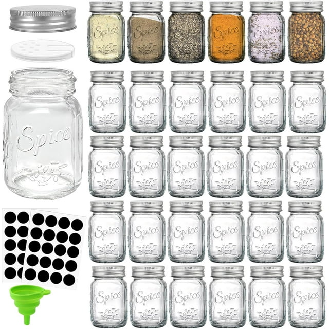 30 Pack 4 Oz Glass Mason Spice Jar with Shaker Lids& Labels, Empty Spice Bottle Mini Mason Jars with Airtight Metal Caps and Collapsible Funnel for Herbs & Spices