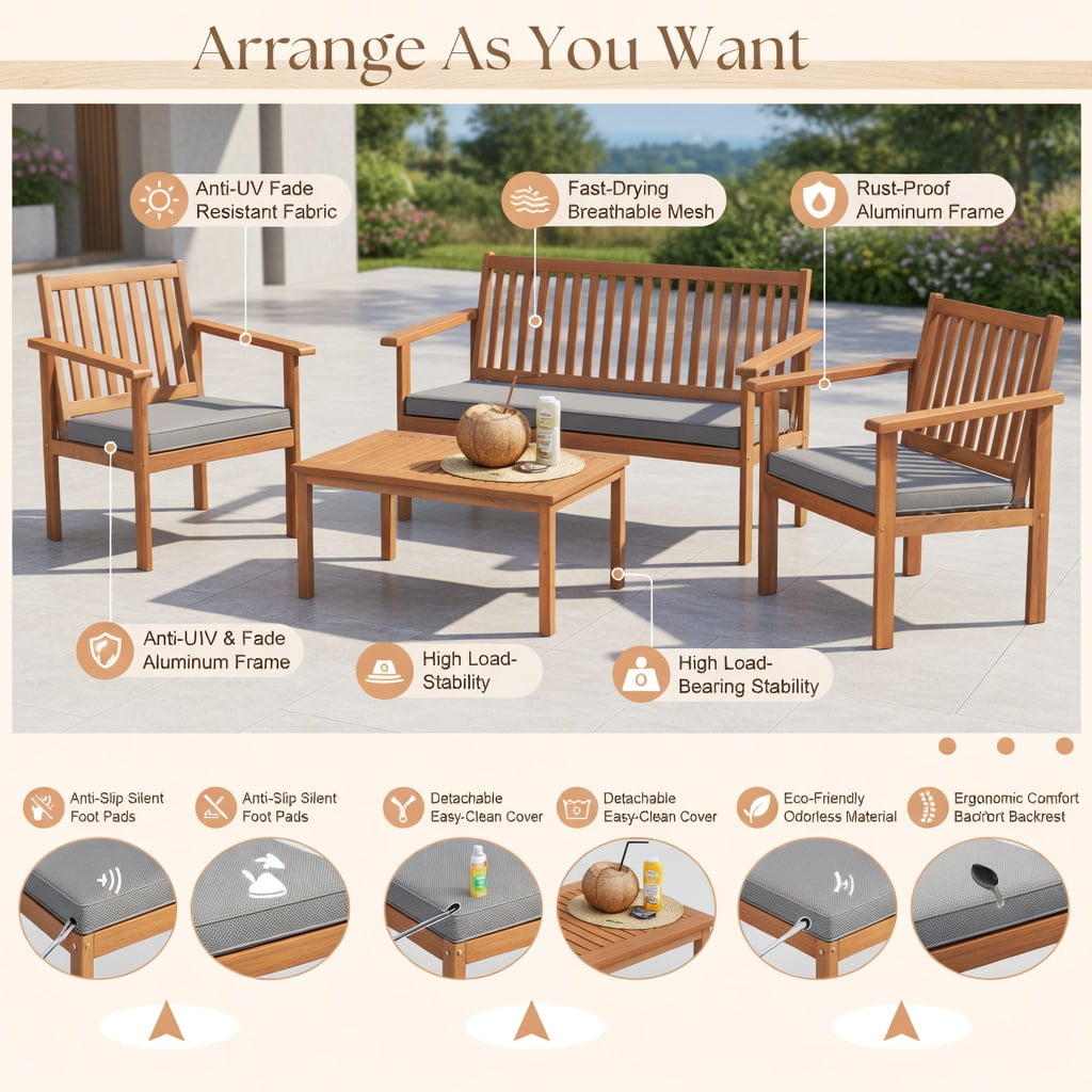 Hommoo 4-Piece Acacia Wood Patio Furniture Set, Cushioned Loveseat, 2 Chairs & Coffee Table for Backyard, Poolside, Porch, Gray
