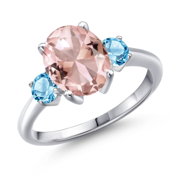 Gem Stone King 3.03 Ct Oval Peach Nano Morganite Swiss Blue Topaz 925 Sterling Silver Ring (Size 7)