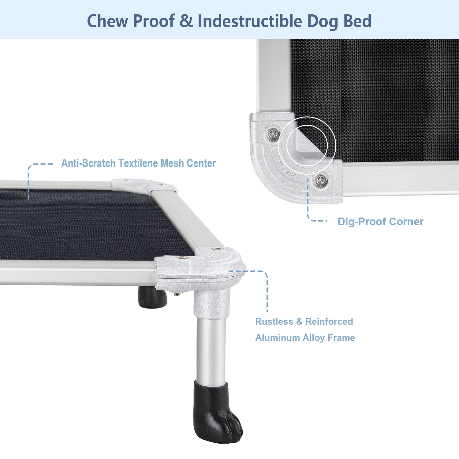 Veehoo Chew Proof Dog Bed, Rustless Aluminum Frame and Textilene Mesh Fabric, Black, X Large