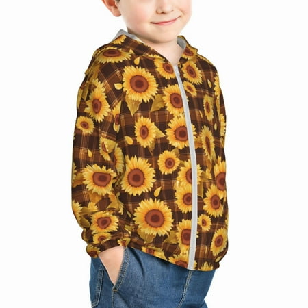 

Uemuo Vintage Brown Plaid Sunflower Pattern Rash Guard for Boys Girls Long Sleeve Swim Shirts UPF 50+ UV Sun Protection Hooded Fishing Shirt with Pocket for Kid-4 Years