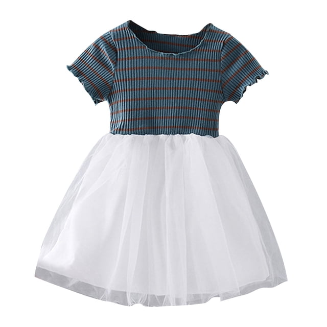 Robes pour Filles Jupe d'Été Manches Courtes Col Rond Uni pour Usage Quotidien Robe pour Tout-Petits Bleu 4-5 Ans