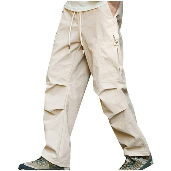 Jgppe Men's Baggy Cargo Pants Drawstring Mid Waist Pockets Straight Leg Loose Parachute Pants Hiking Trousers